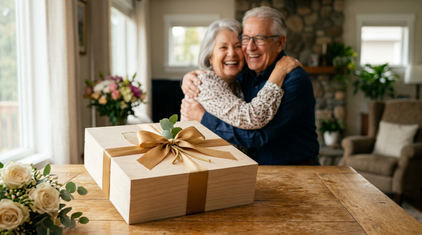 Pareja mayor sonriendo, celebrando sus bodas de oro, con una caja de regalo elegantemente envuelta en primer plano