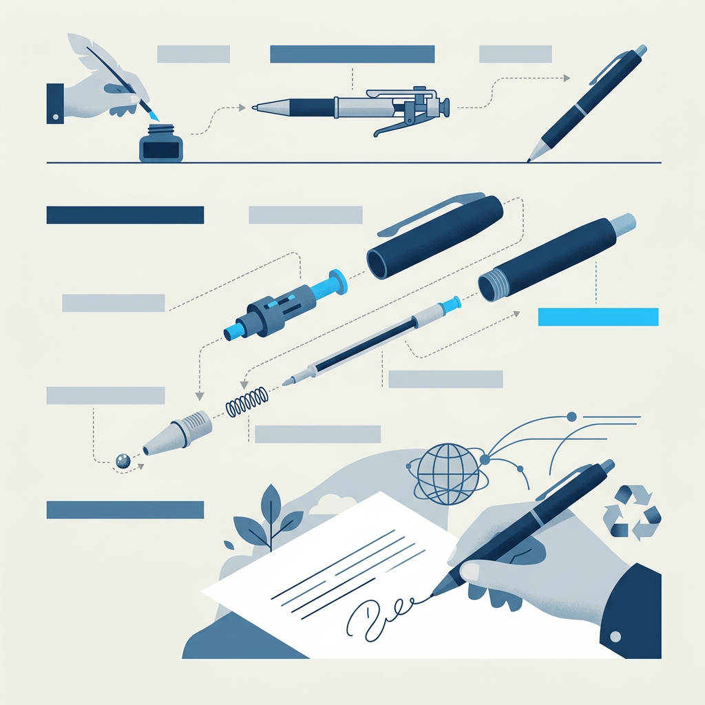 Gros plan de la pointe d'un stylo-bille sur papier, montrant comment la bille en carbure de tungstène distribue l'encre bleue lors de l'écriture