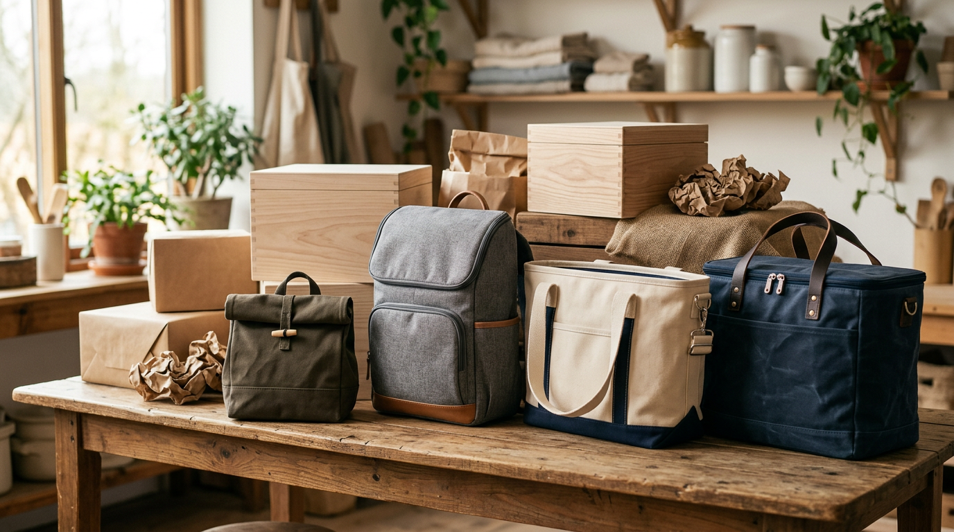 Varias bolsas isotérmicas de diferentes tamaños y colores dispuestas en un ambiente limpio, mostrando sus cierres y asas, listas para usar.