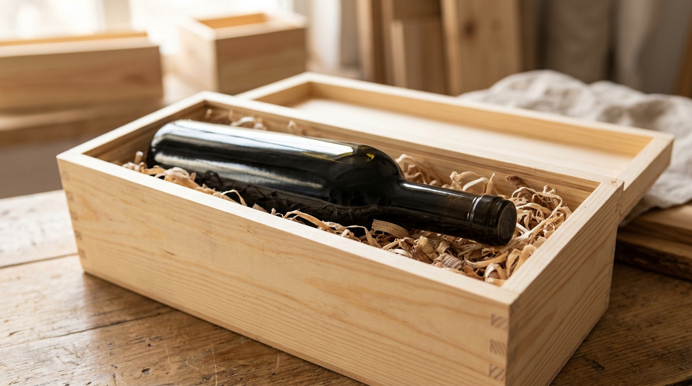 Botella de vino para regalar colocada dentro de un estuche de madera con virutas protectoras
