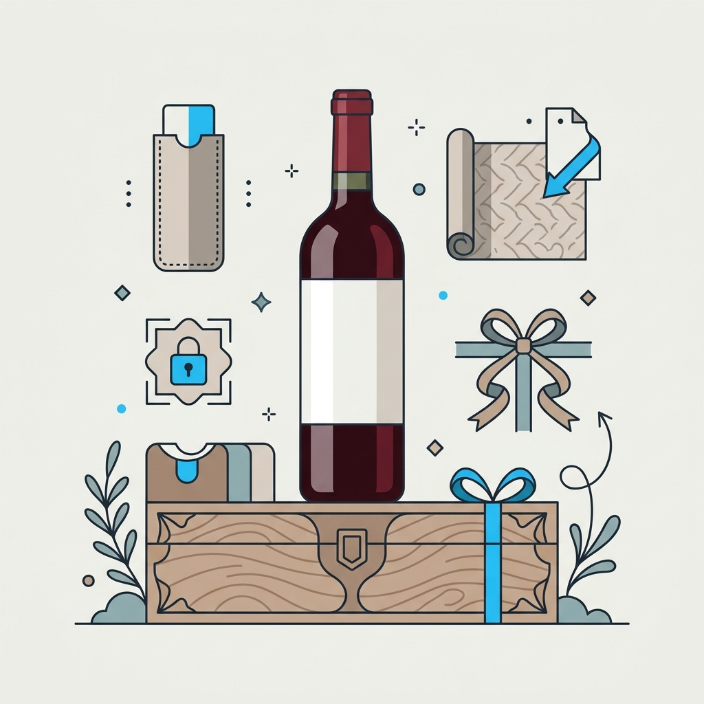Botella de vino para regalar colocada dentro de un estuche de madera con virutas protectoras