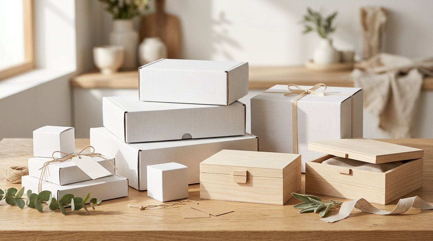 Variedad de cajas blancas de diferentes tamaños y materiales apiladas elegantemente sobre una superficie neutra, mostrando su versatilidad y estética limpia.