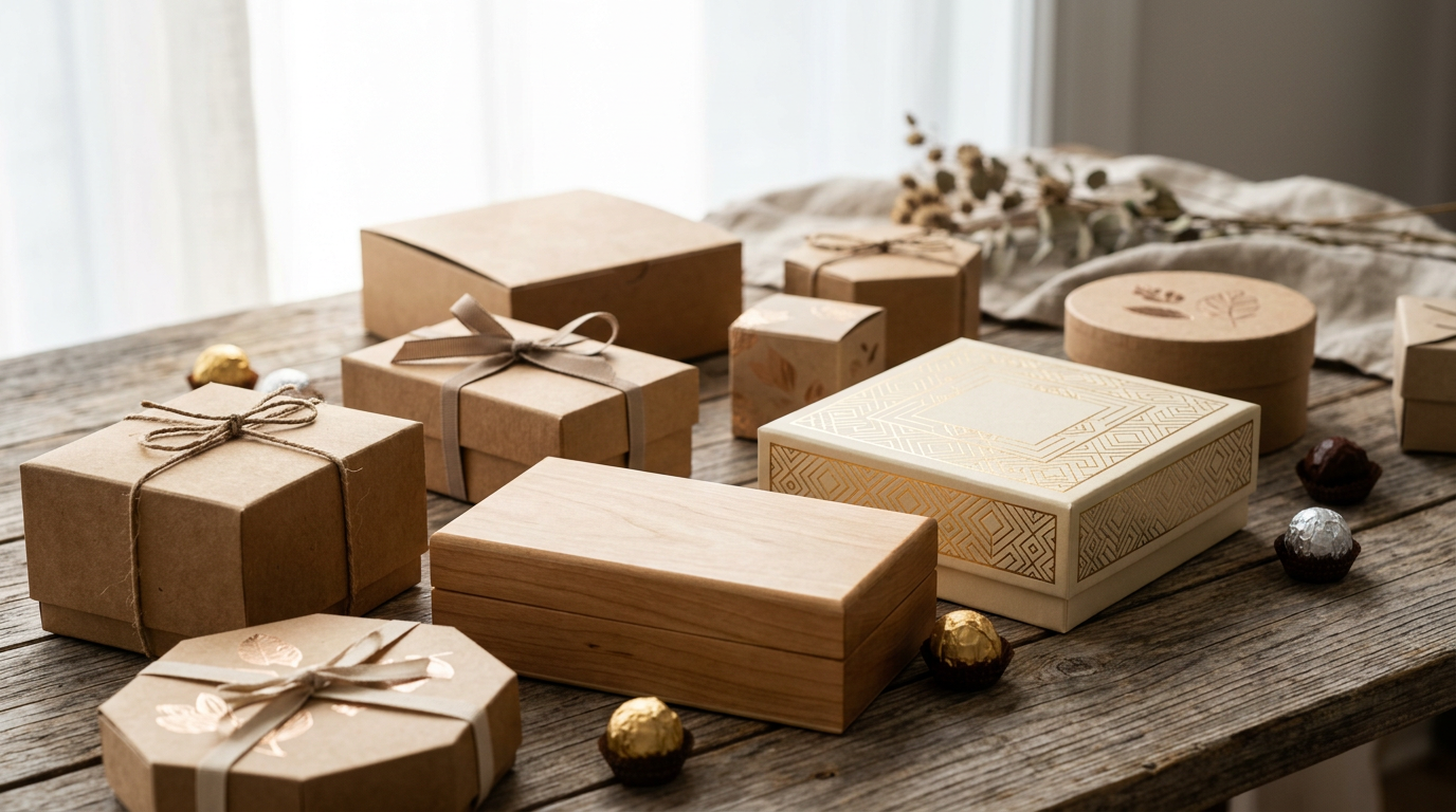Variedad de elegantes cajas de bombones de diferentes materiales como cartón, madera y con acabados de lujo, exhibidas sobre una superficie pulcra.