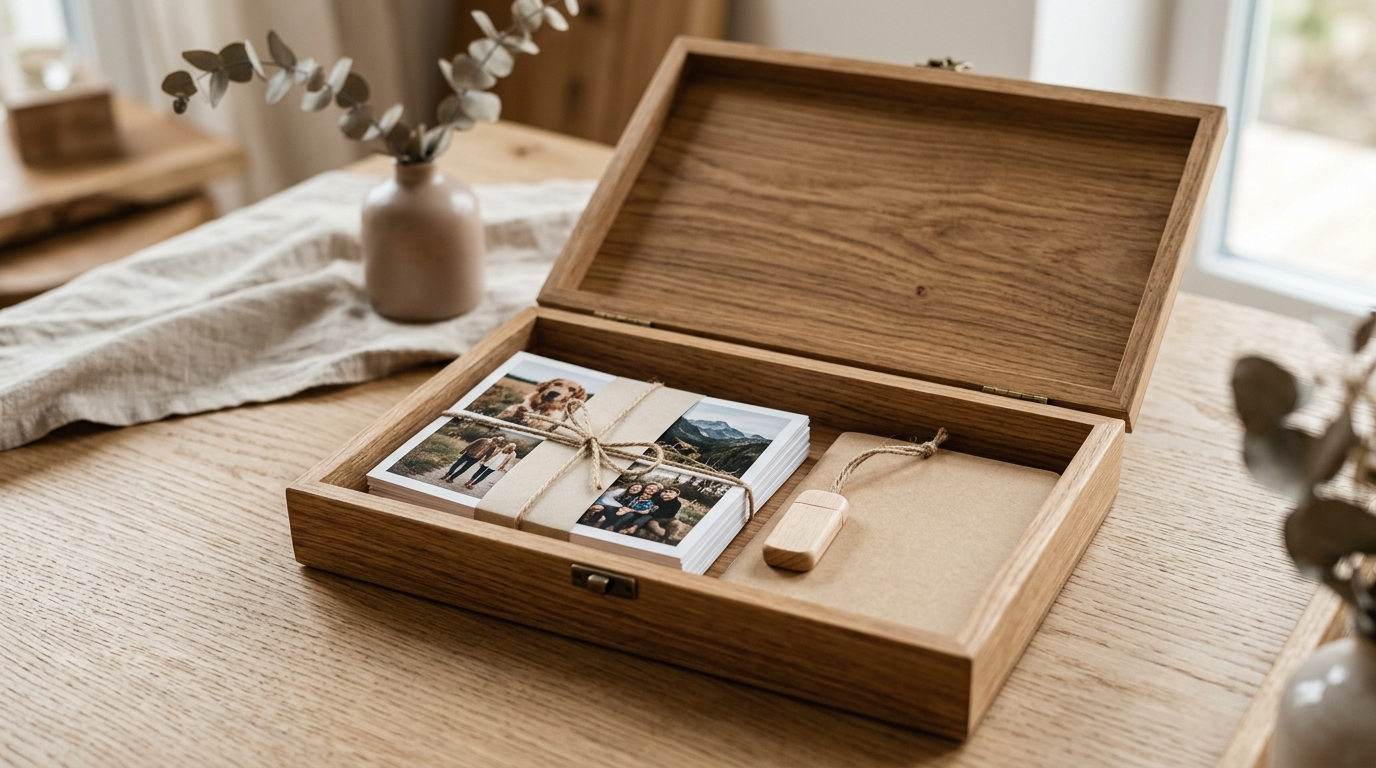 Caja de fotos de madera natural abierta con impresiones fotográficas en su interior