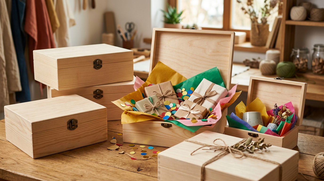 Múltiples cajas de regalo de diferentes tamaños y colores, algunas abiertas con confeti y papel de seda asomando, creando una escena de celebración y descubrimiento.