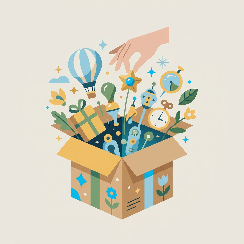 Múltiples cajas de regalo de diferentes tamaños y colores, algunas abiertas con confeti y papel de seda asomando, creando una escena de celebración y descubrimiento.