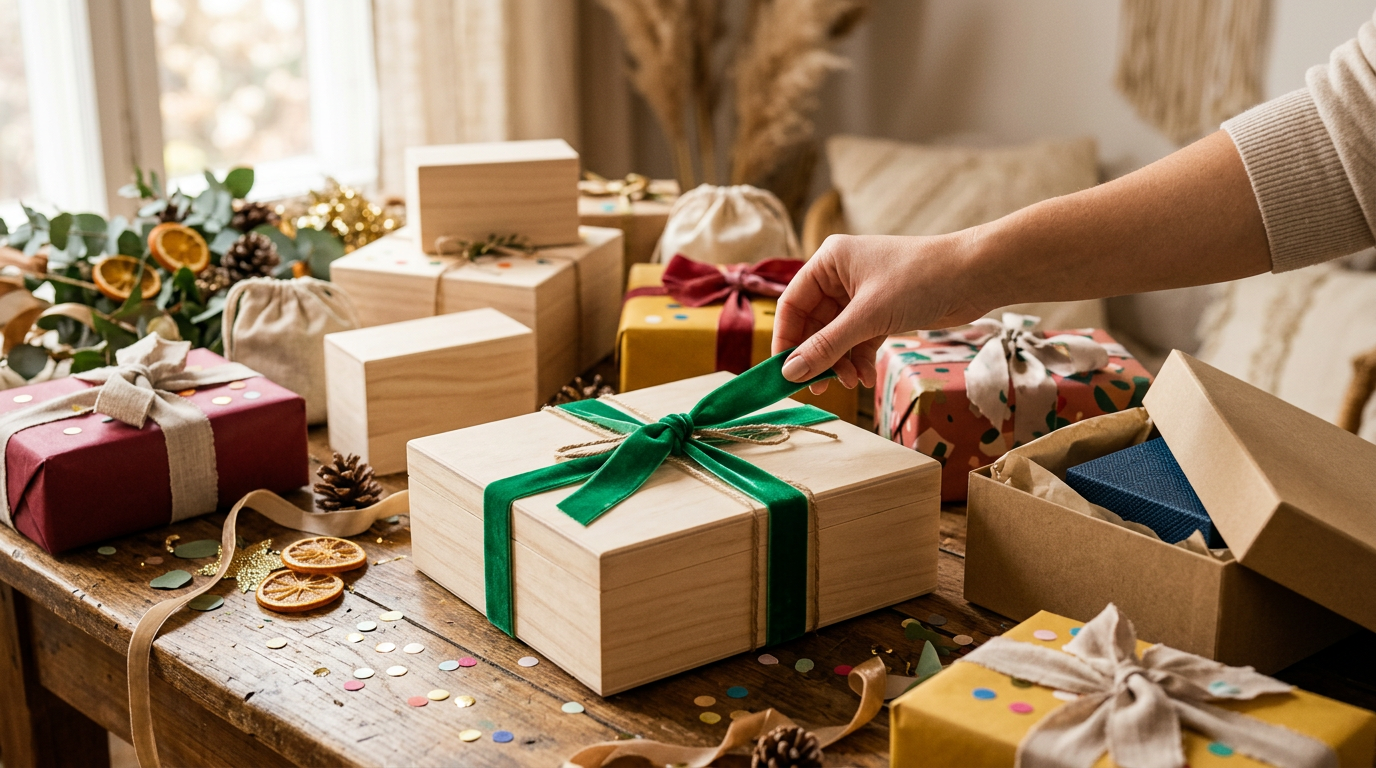 Varias cajas de regalo de diferentes tamaños y colores, algunas abiertas mostrando un interior colorido, sobre una superficie festiva con confeti y cintas, con una mano intentando abrir una de ellas.