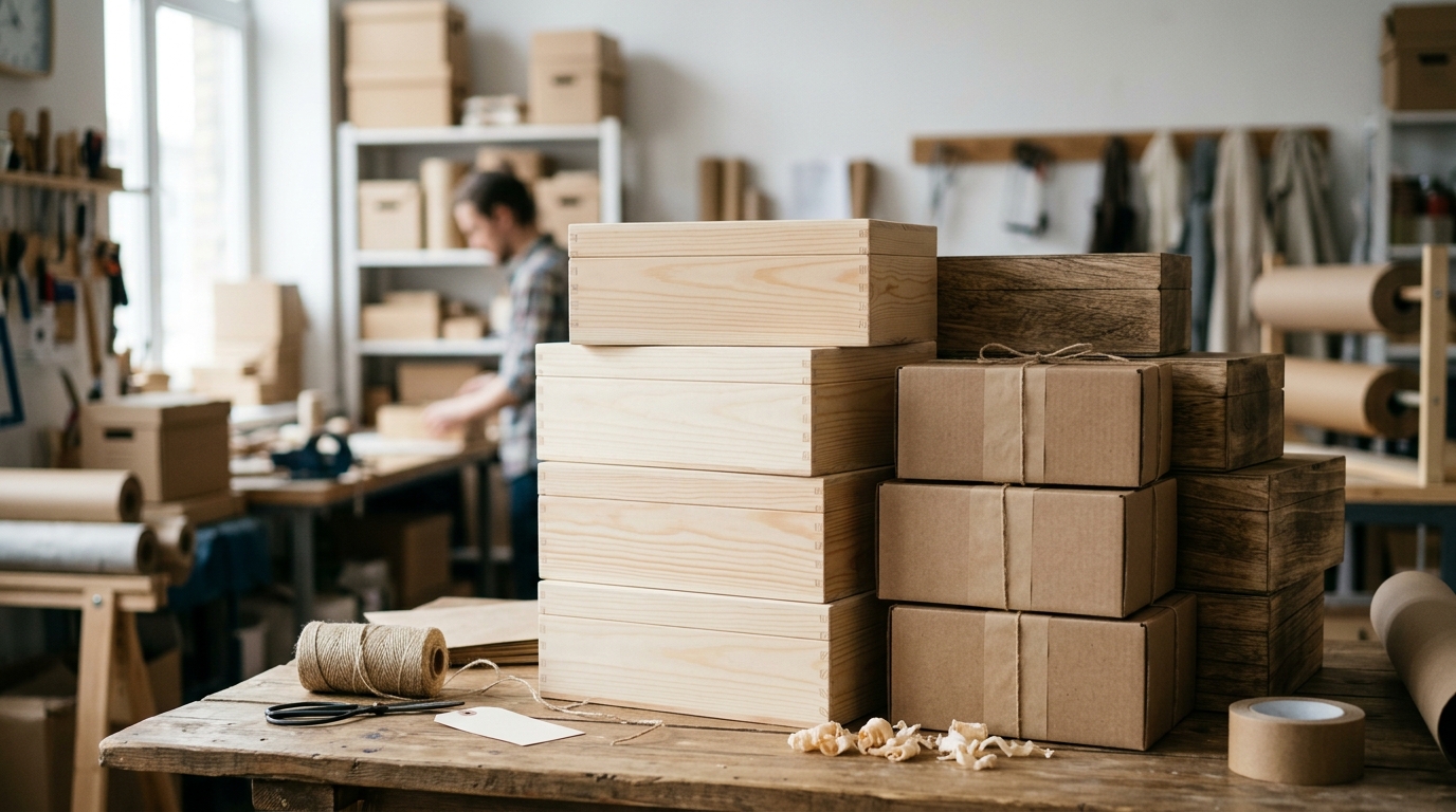 Varios modelos de cajas a medida fabricadas en madera y cartón sobre una mesa de trabajo
