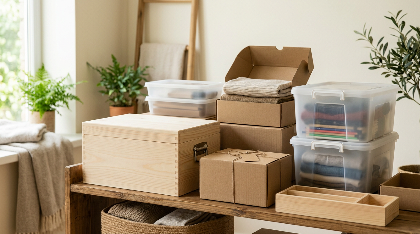 Variedad de cajas de almacenaje de diferentes materiales como madera, plástico y cartón, apiladas y organizadas en un espacio limpio.