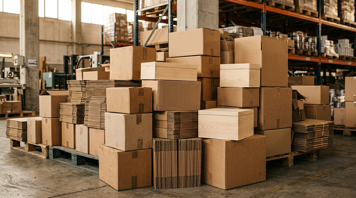 Variedad de cajas de cartón apiladas en un almacén, mostrando diferentes tamaños y tipos de cartón corrugado.