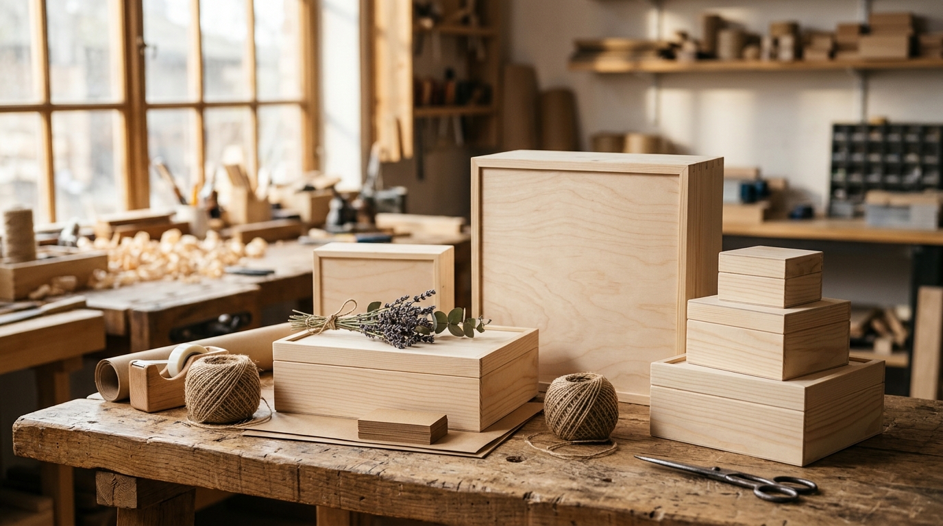 Cajas de madera artesanales a medida apiladas en un taller de carpintería