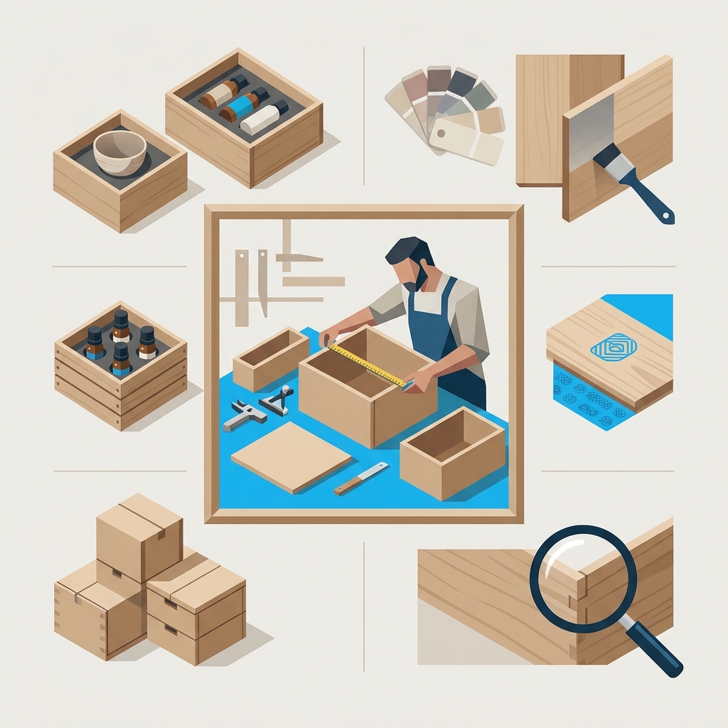 Handcrafted custom wooden boxes stacked in a carpentry workshop