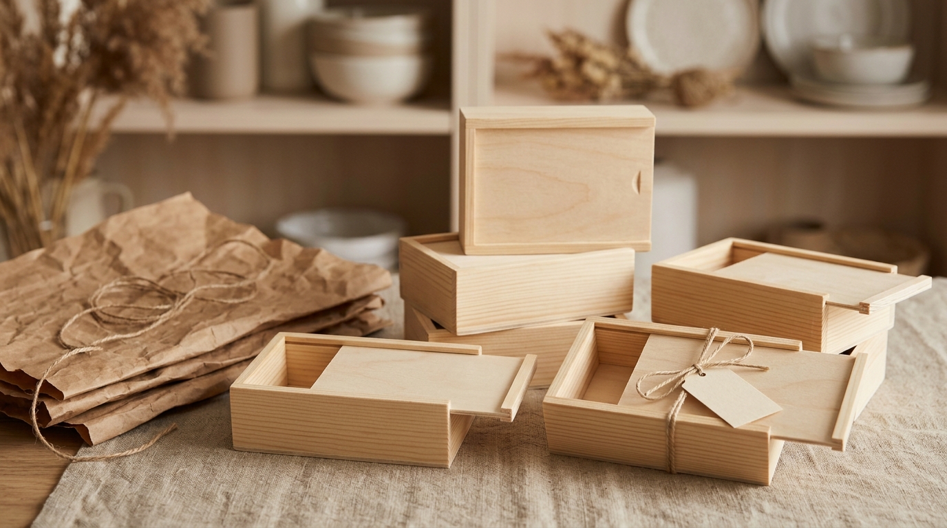 Varias cajas de madera pequeñas para detalles alineadas sobre una mesa rústica