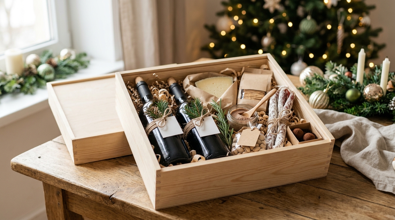 Lote navideño gourmet con botellas y productos selectos presentado en una caja de madera natural