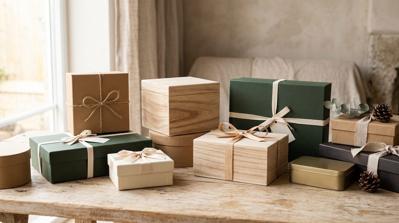 Variedad de cajas decorativas apiladas, mostrando diferentes texturas como madera, cartón y metal, con lazos y cintas.