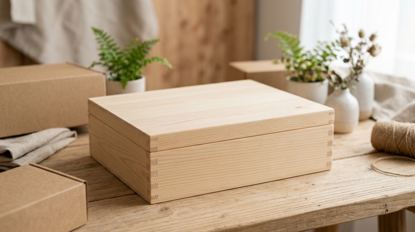 Caja de madera con logotipo corporativo grabado a láser en la tapa