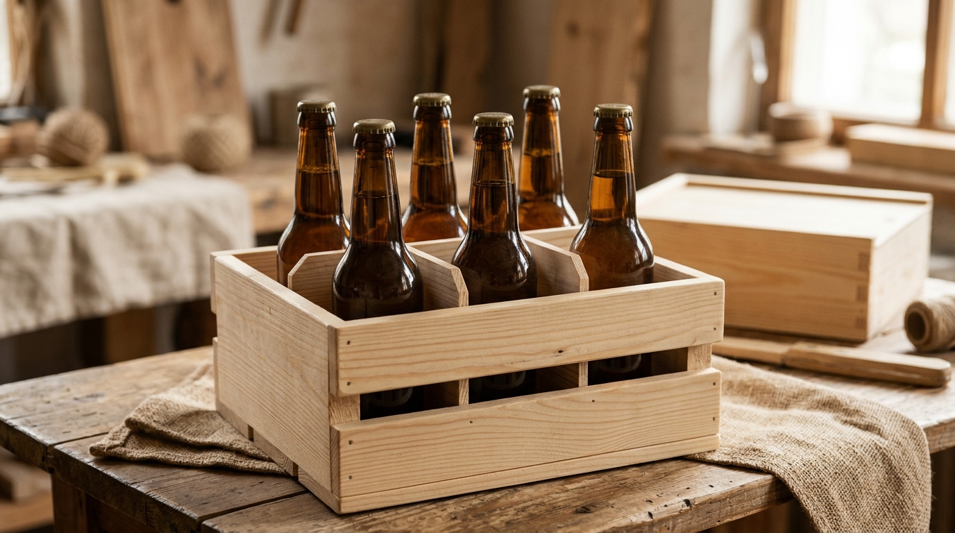 Pack de botellas de cerveza artesana colocadas dentro de una caja de madera con separadores protectores