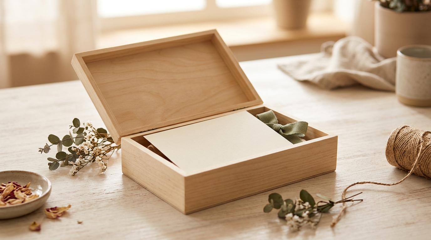 Caja pequeña de madera abierta con una tarjeta regalo y detalles decorativos naturales en su interior