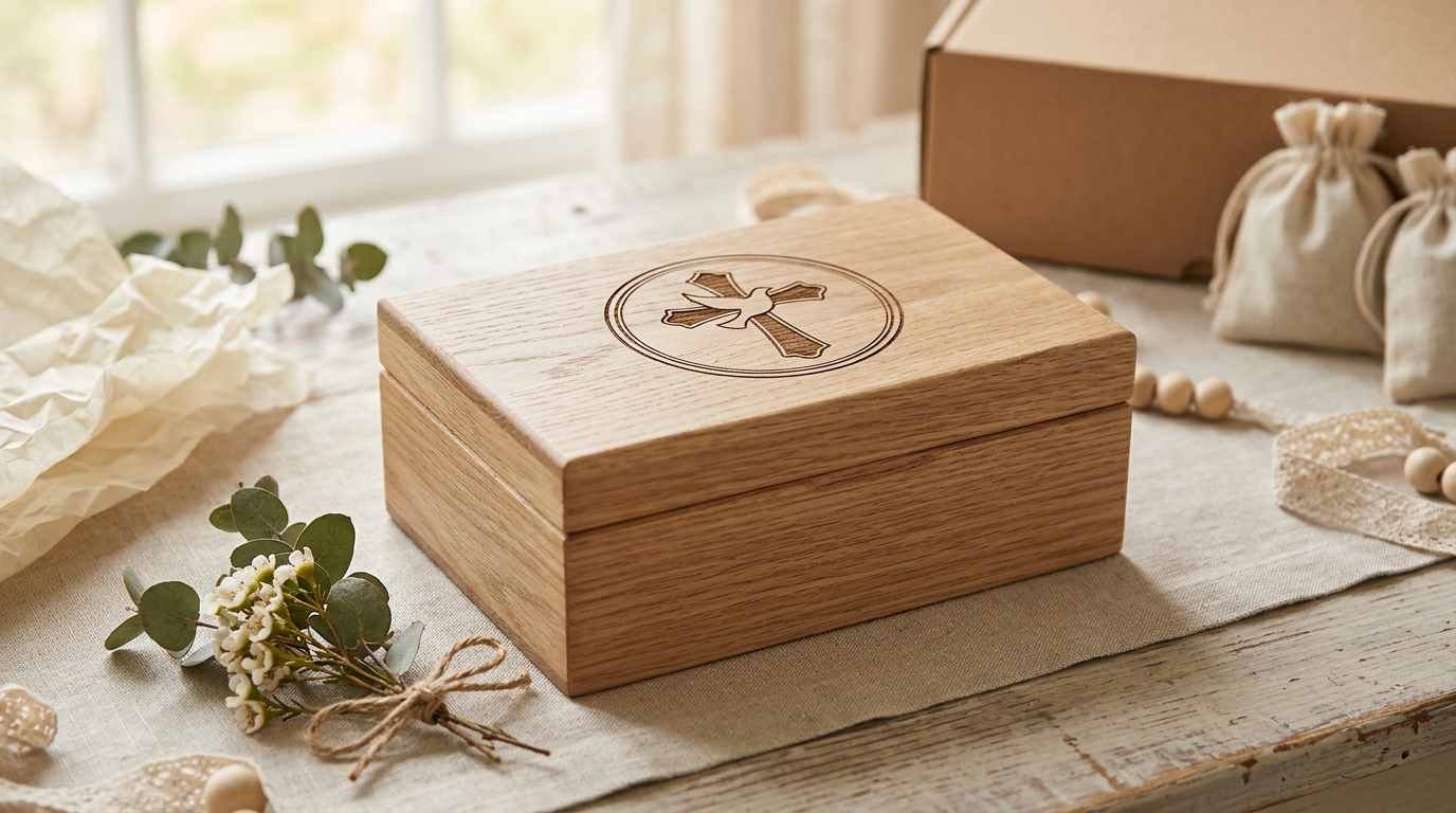 Caja pequeña de madera natural grabada con motivos para detalle de comunión sobre mesa blanca