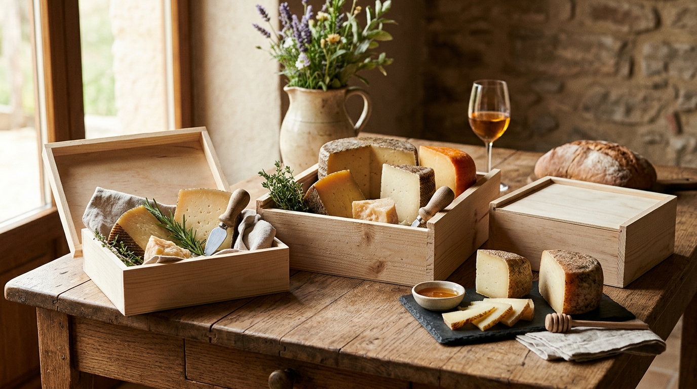 Cajas de madera con surtido de cuñas de queso artesanal
