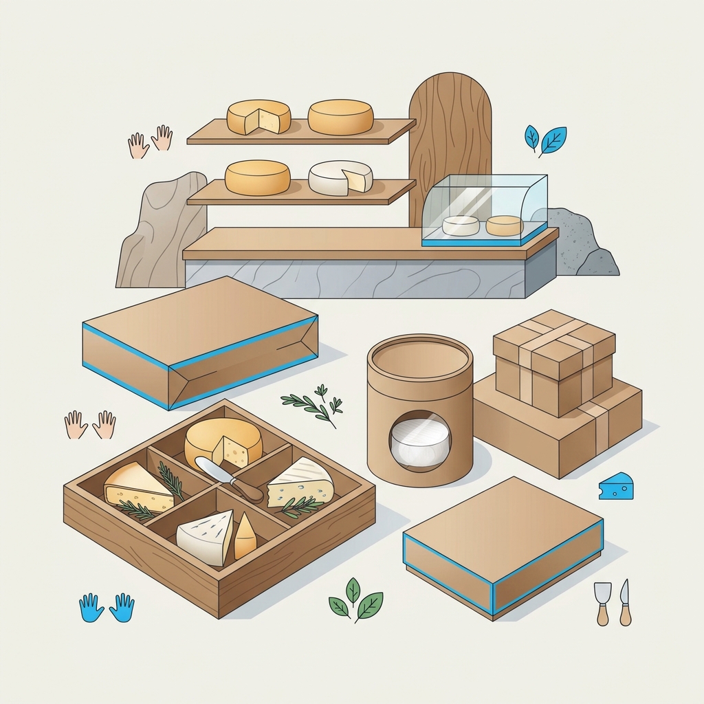 Boîtes en bois avec assortiment de portions de fromage artisanal