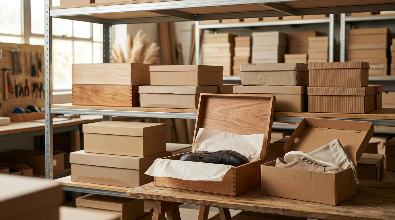 Variedad de cajas de zapatos apiladas en un almacén o estantería, mostrando diferentes tamaños, materiales y diseños.