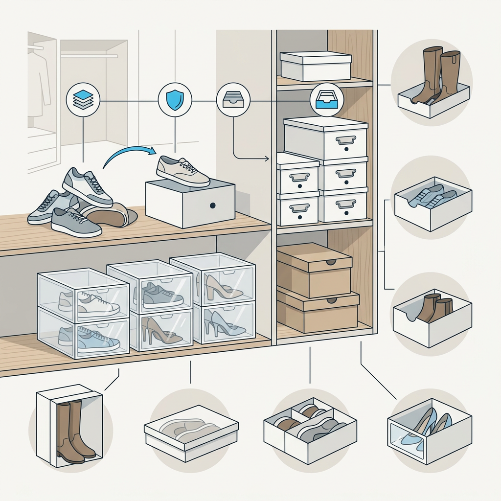Variedad de cajas de zapatos apiladas en un almacén o estantería, mostrando diferentes tamaños, materiales y diseños.