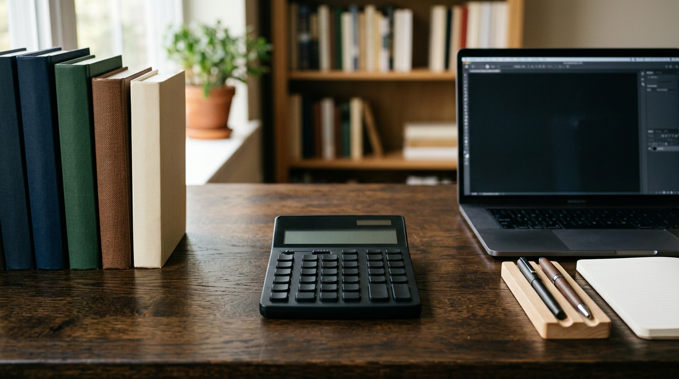 Escena de un escritorio con un calculadora moderna de color negro, varios libros apilados, y un ordenador portátil abierto, sugiriendo un ambiente de estudio o trabajo intelectual.