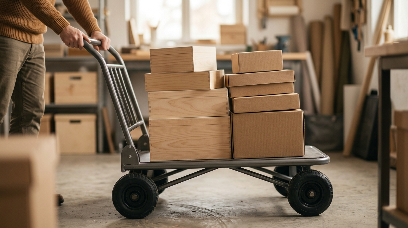 Carretilla plegable compacta en funcionamiento, transportando varias cajas de cartón apiladas con facilidad y seguridad sobre una superficie lisa, mostrando sus ruedas resistentes.