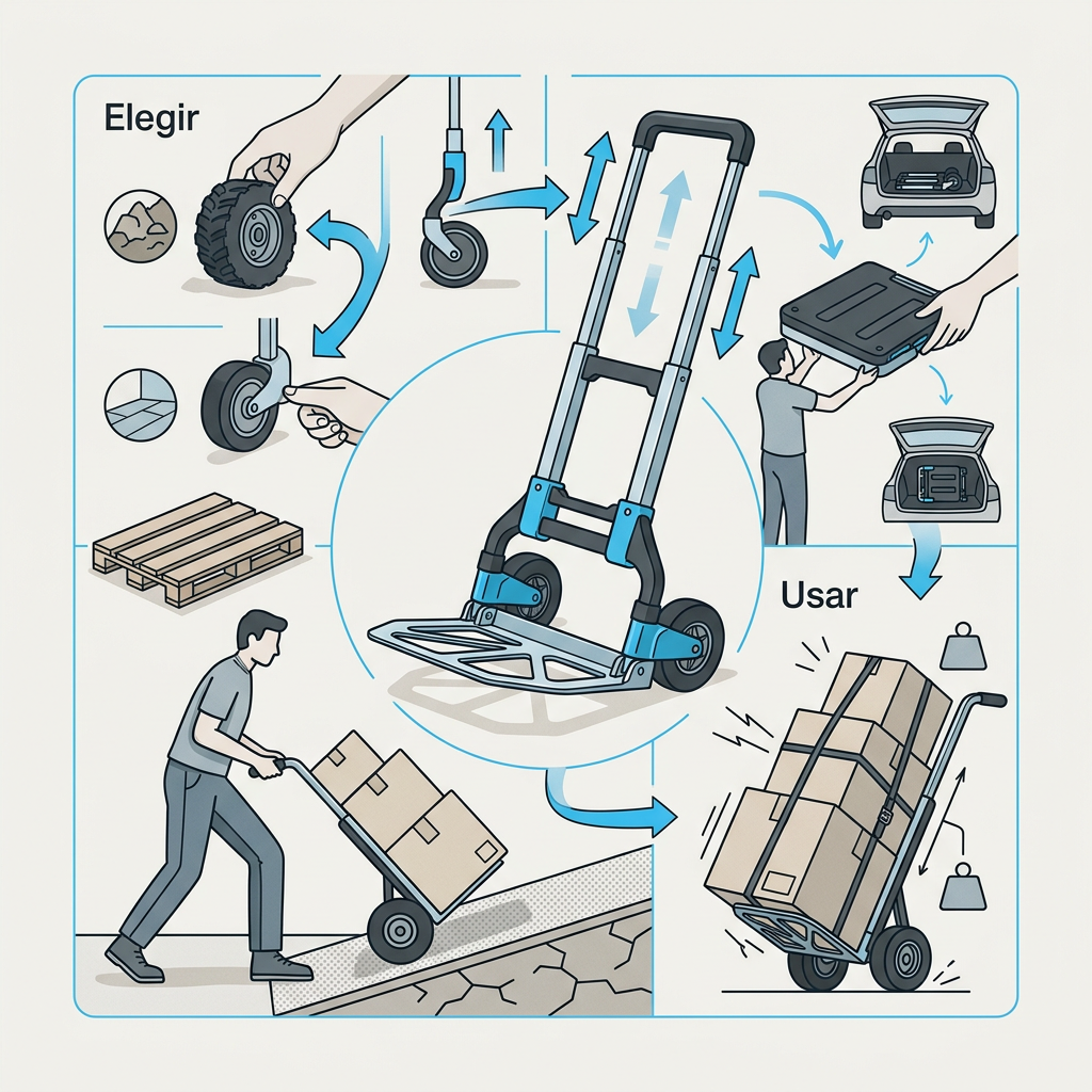 Chariot pliant compact en fonctionnement, transportant facilement et en toute sécurité plusieurs cartons empilés sur une surface lisse, montrant ses roues robustes.