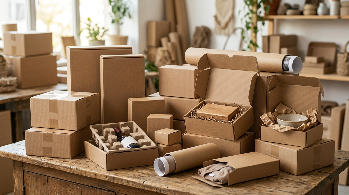 Variedad de cajas de cartón de diferentes tamaños y formas apiladas, mostrando la versatilidad del material para embalajes diversos