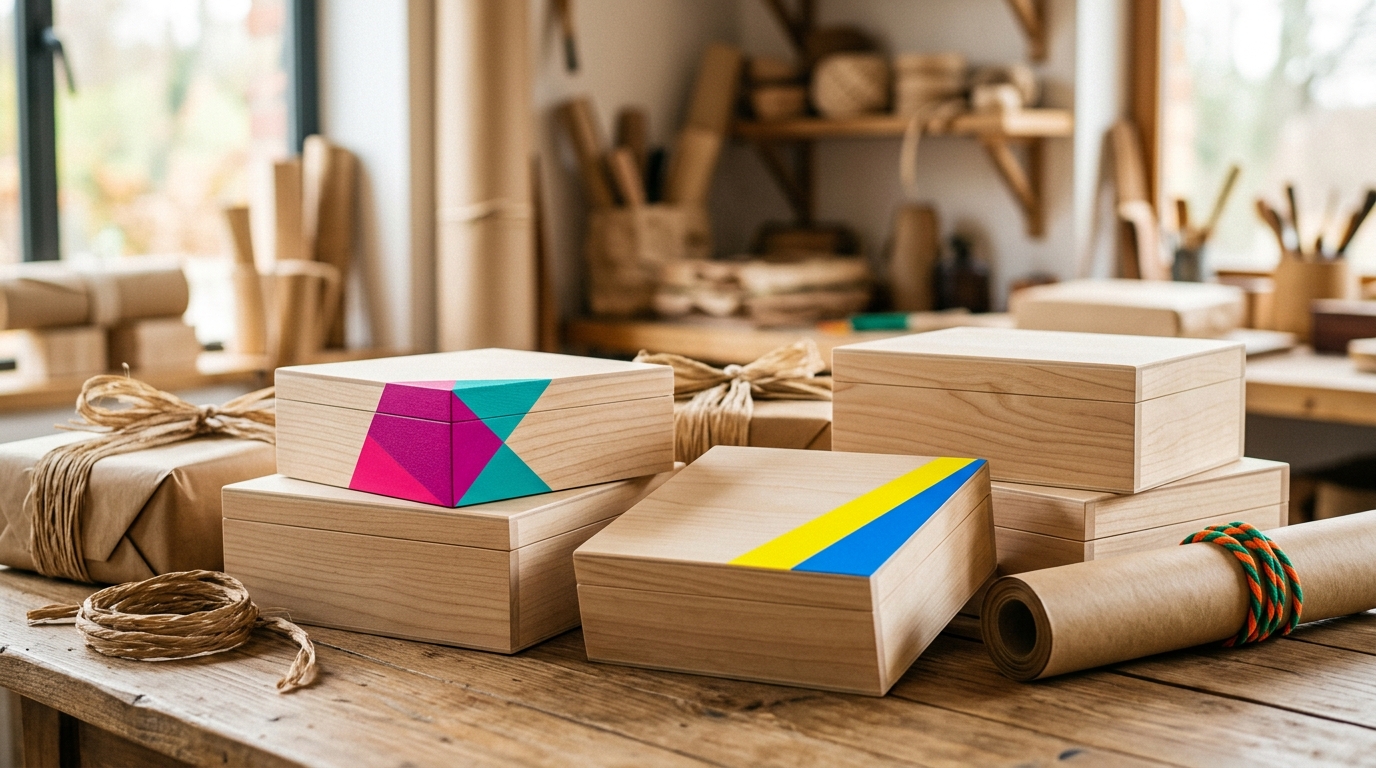 Caja de madera con detalles en color rosa vibrante para packaging exclusivo