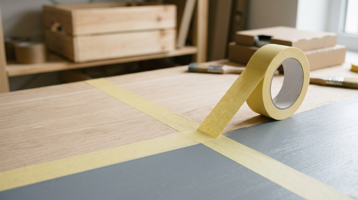 Un rollo de cinta de carrocero amarillo junto a una superficie que ha sido enmascarada para pintar, mostrando una línea limpia y precisa después de retirar la cinta.