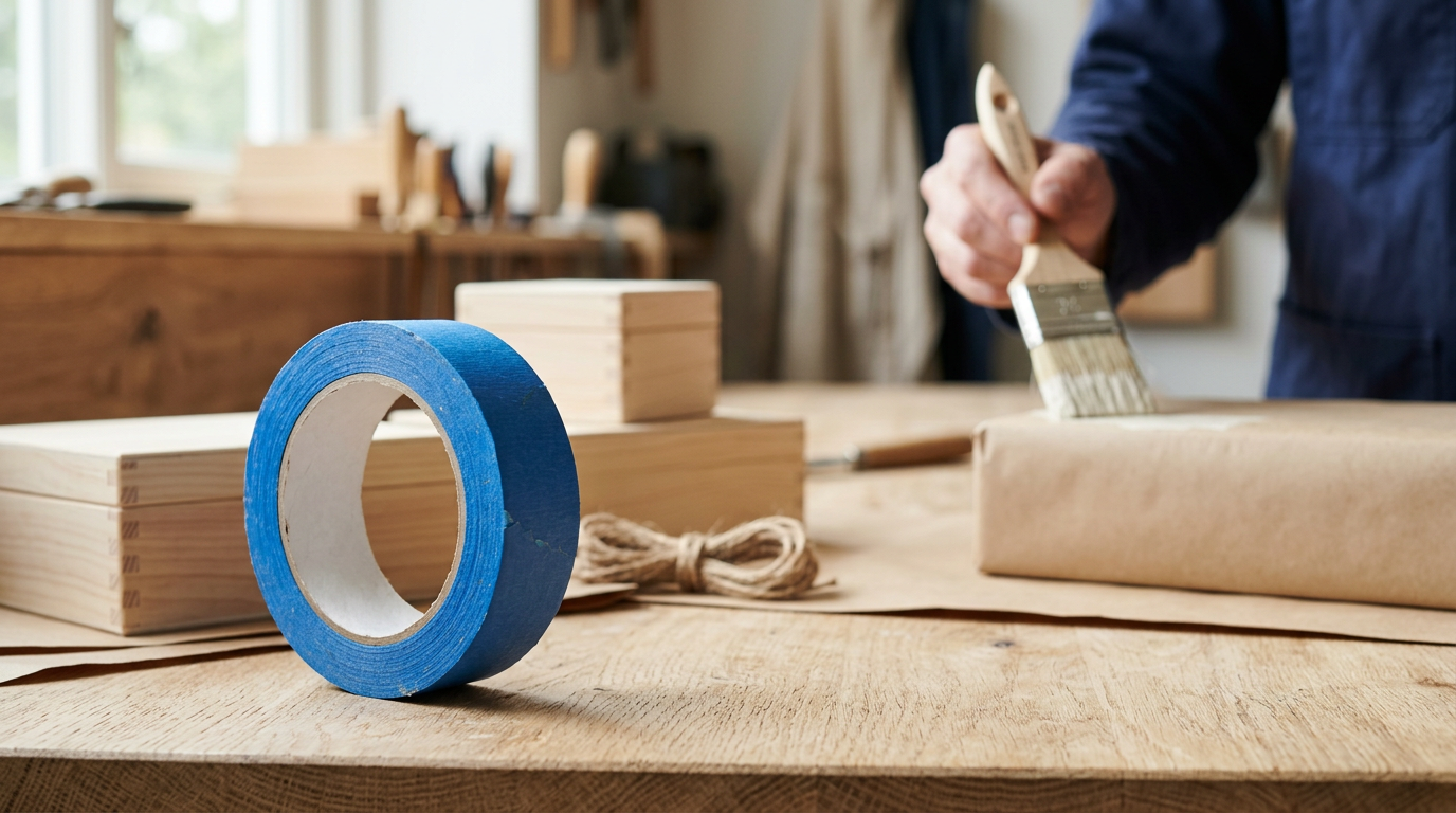 Un rollo de cinta de pintor azul sobre una superficie de madera, listo para ser aplicado, con una mano desenfocada sosteniendo una brocha de pintura en el fondo.