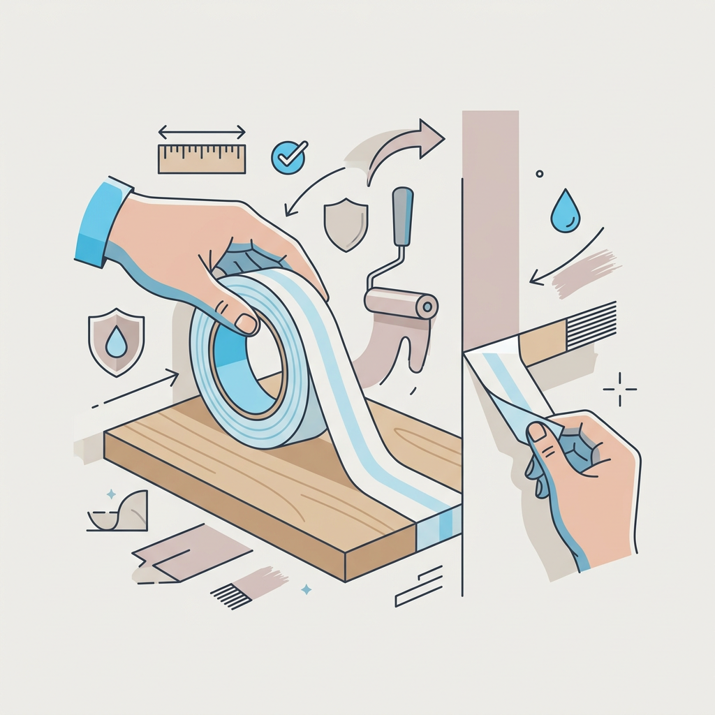 Un rollo de cinta de pintor azul sobre una superficie de madera, listo para ser aplicado, con una mano desenfocada sosteniendo una brocha de pintura en el fondo.
