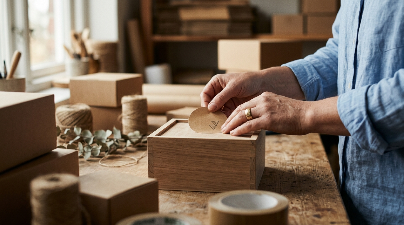 Manos aplicando una etiqueta adhesiva de papel kraft sobre la tapa de una caja de madera natural