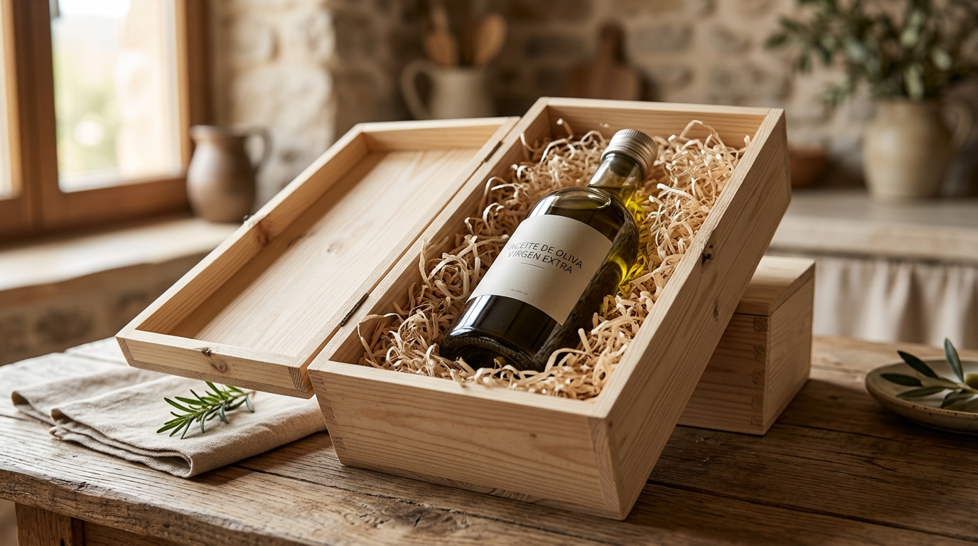 Botella de aceite de oliva virgen extra en un elegante estuche de madera para regalo