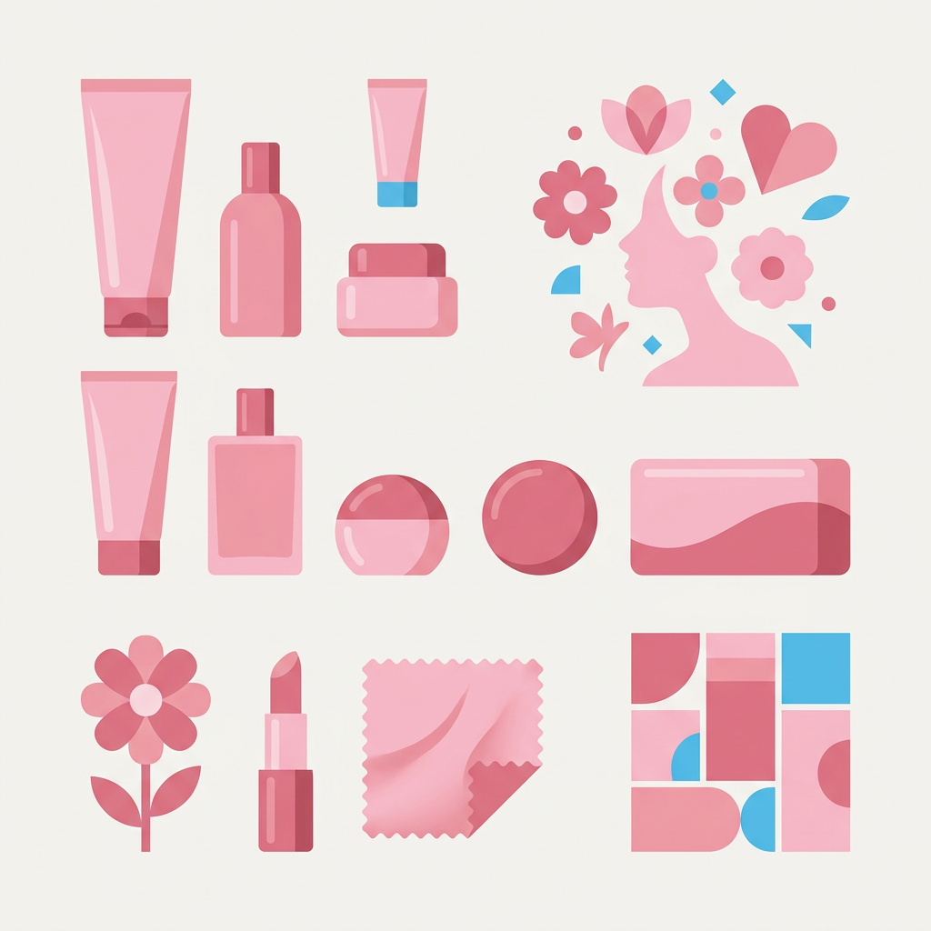Variedad de objetos y envases en diferentes tonos de rosa, desde pastel hasta fucsia, sobre un fondo neutro