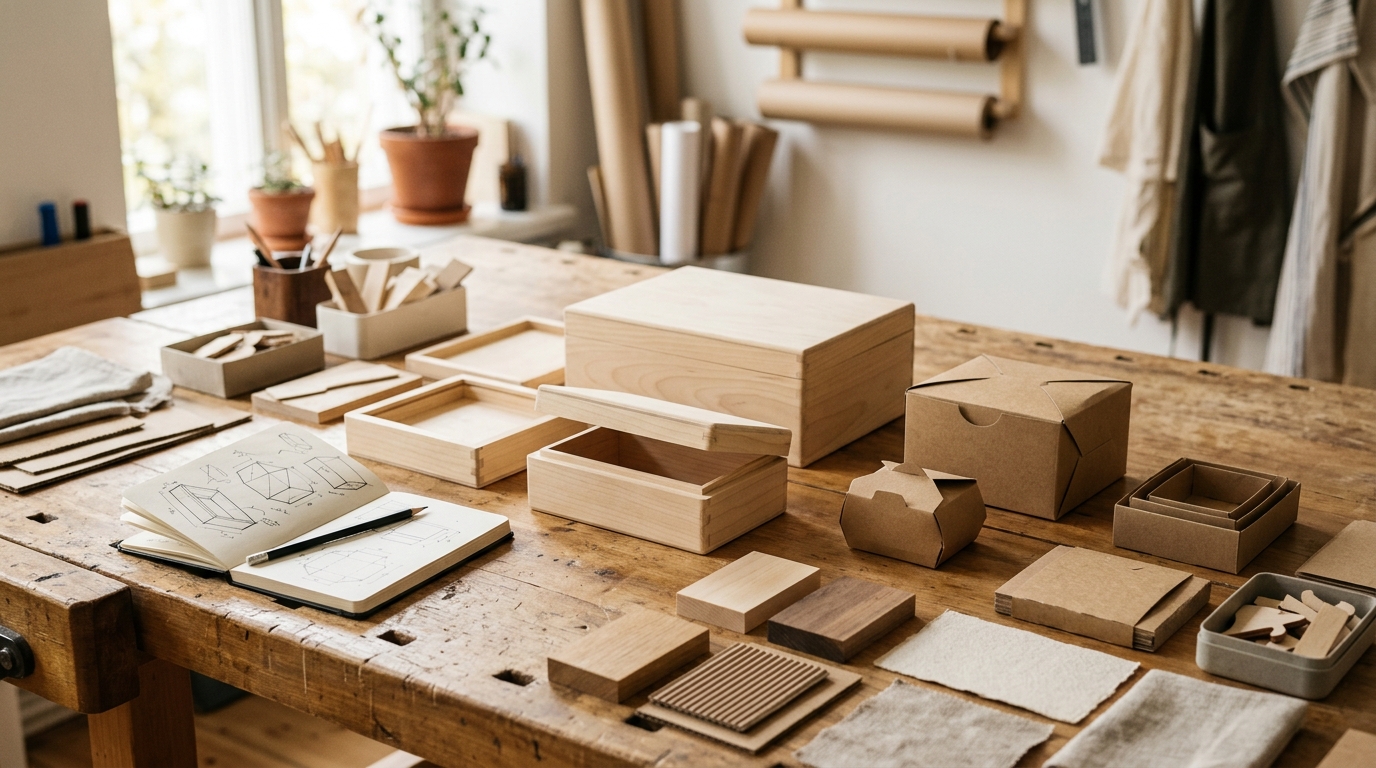 Mesa de trabajo con bocetos de cajas y muestras de materiales sostenibles