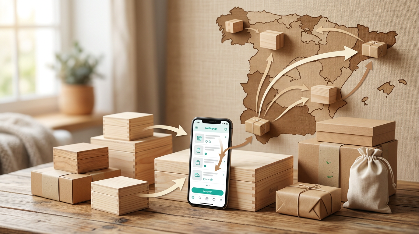 Una ilustración digital de un smartphone mostrando la interfaz de Wallapop con paquetes y flechas indicando el proceso de envío. Se aprecian elementos gráficos que sugieren un mapa de España y pequeñas cajas de cartón.
