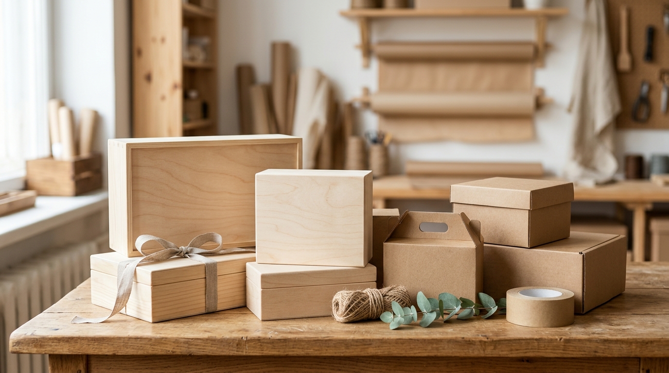 Cajas de embalaje premium con acabados sostenibles preparadas para envíos comerciales