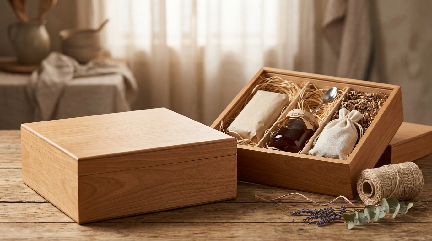 Elegante estuche de madera abierto con compartimentos para botellas de vino y productos gourmet