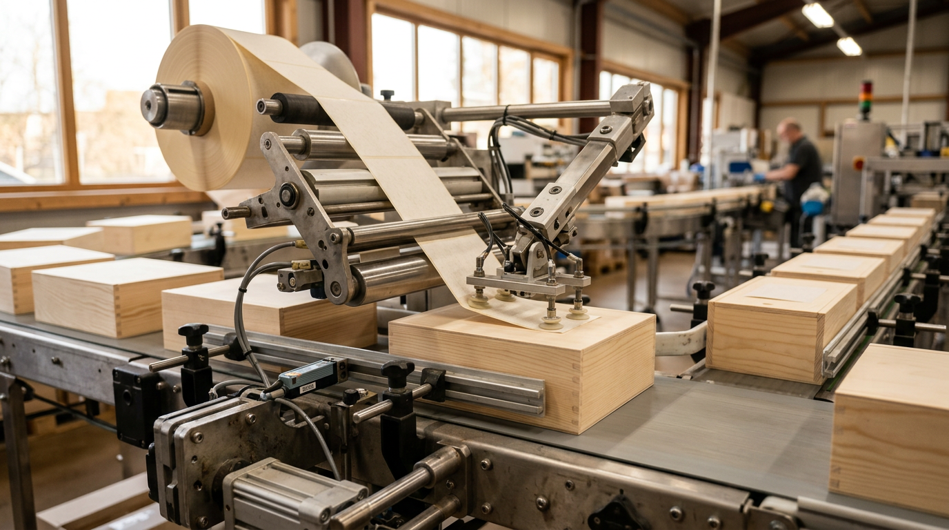 Máquina etiquetadora automatizada aplicando etiquetas envasadas en una línea de producción industrial moderna