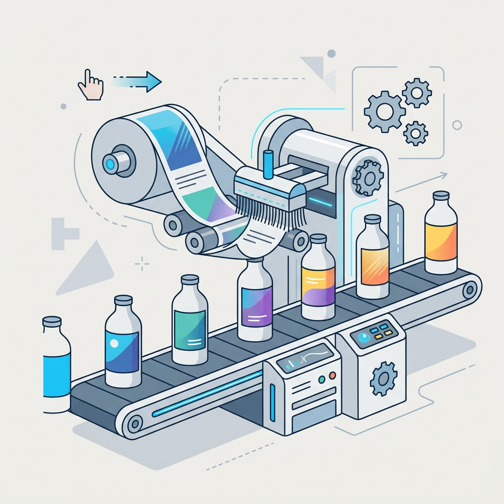 Machine à étiqueter automatisée appliquant des étiquettes emballées sur une ligne de production industrielle moderne
