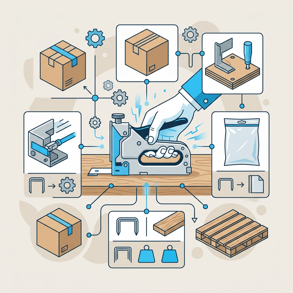 Variedade de agrafadores, incluindo modelos de escritório, manuais e elétricos, juntamente com agrafos e embalagens, mostrando as suas diversas aplicações para unir materiais de forma eficiente.