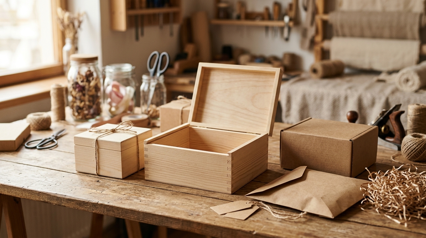 Cajas de madera natural y cartón kraft para empaquetado de productos en tienda