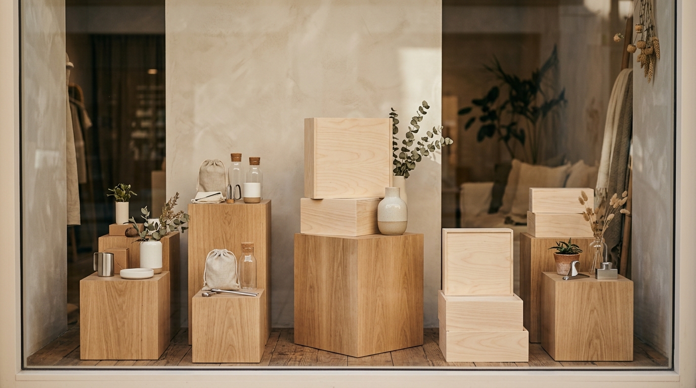 Escaparate de tienda con soportes y peanas de madera natural para exhibir productos