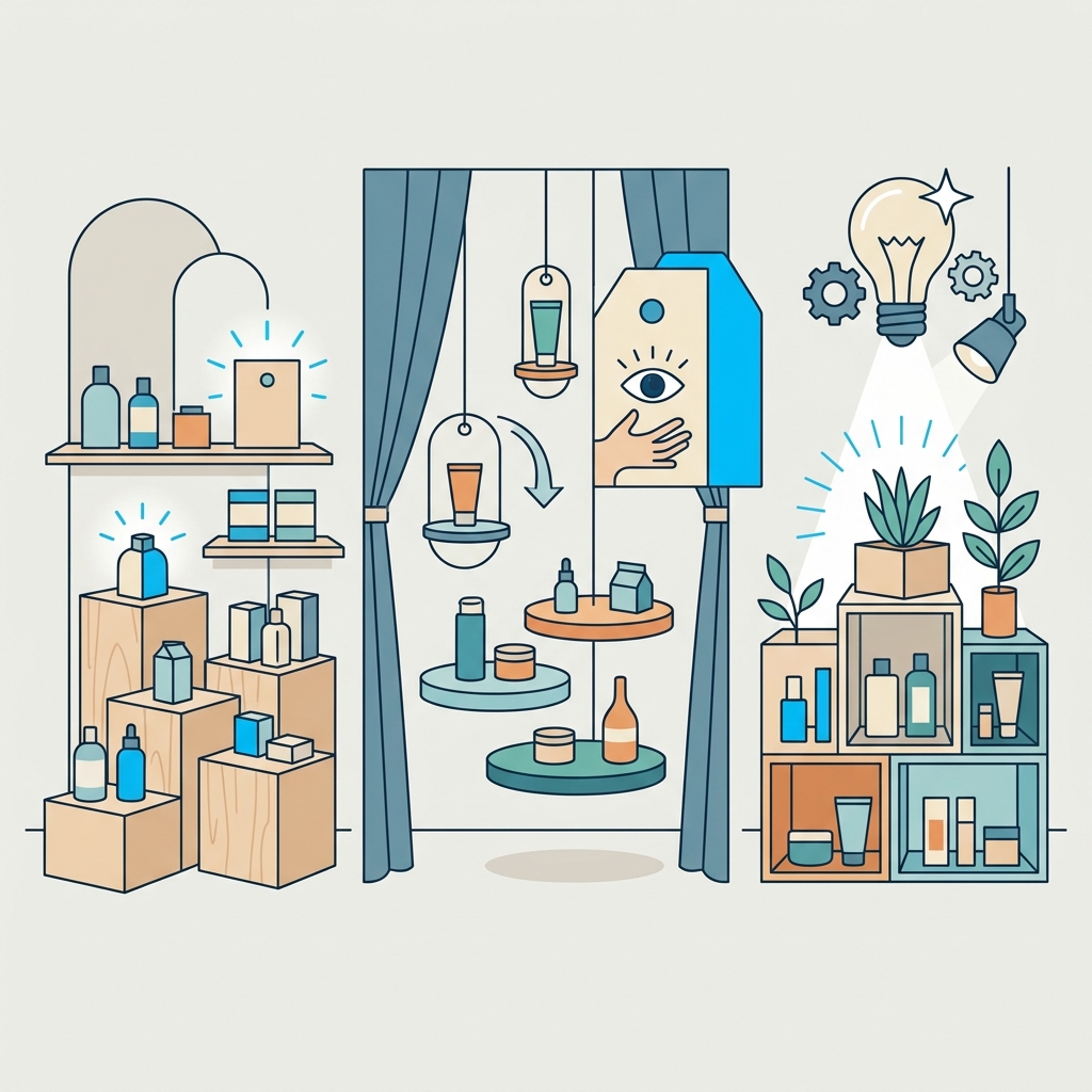 Vitrine de magasin avec supports et socles en bois naturel pour exposer des produits