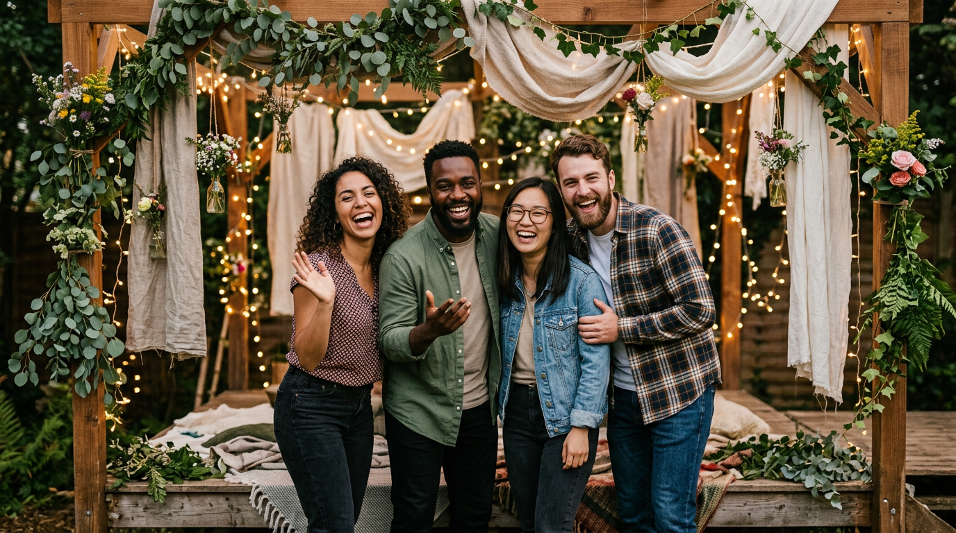 Varias personas posando sonrientes en un photocall casero de estilo rústico decorado con guirnaldas de luces y flores
