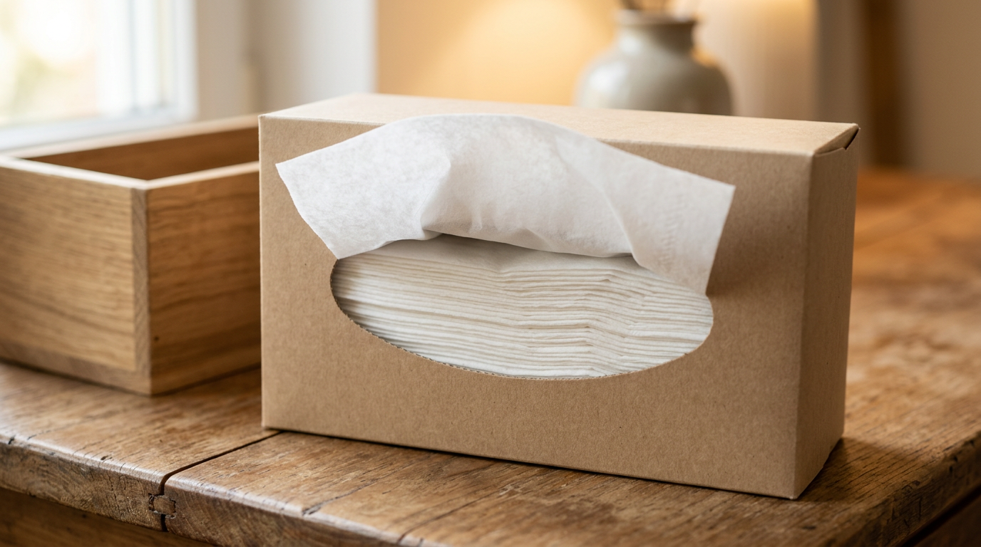 Una caja de pañuelos faciales de aspecto suave y blanco, lista para usar